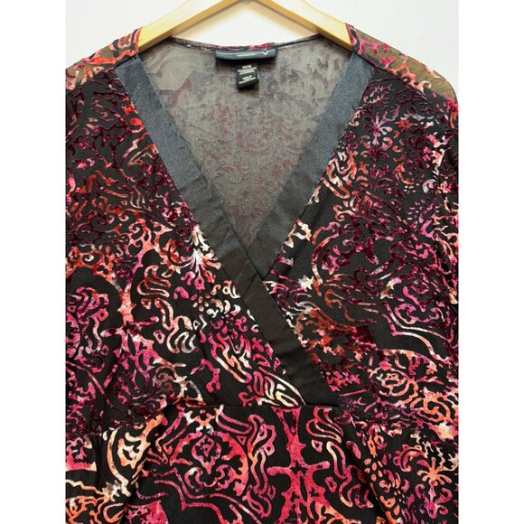 Venezia Velvet Burnout Wrap Blouse Top Womens 14/16 Red Sheer Flared Sleeves - Picture 4 of 12